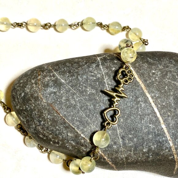 Natural Prehnite Necklace, Bronze Paw Print Heart Beat + Genuine Gemstone - Picture 14 of 16